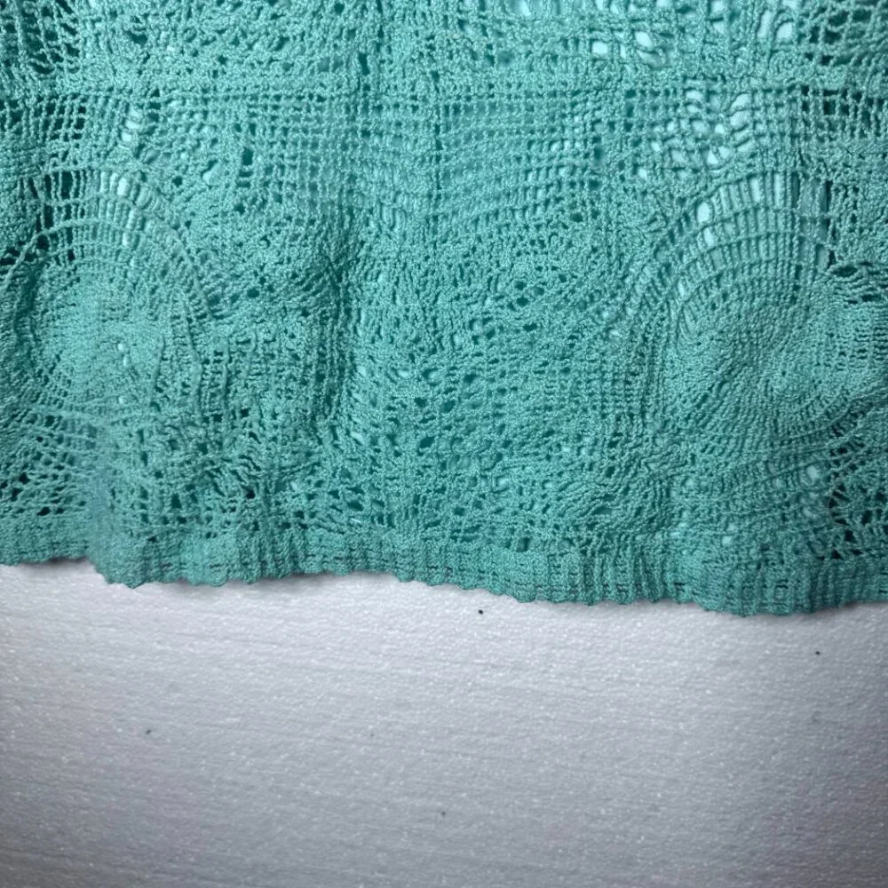 Soft Surroundings Womens Medium Aqua Blue Crochet Boho Pullover Top 3/4 Sleeve